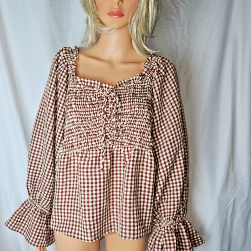 Women's 3X Top Hippie Boho Tube Long Puffy Sleeves. Gingham & Perfectly Pricilla